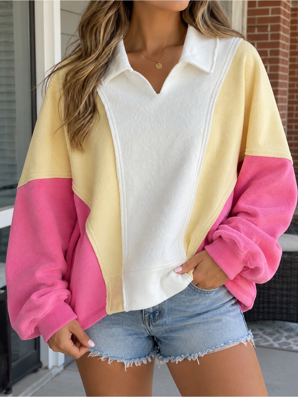 Amazon Colorblock Collared Pullover in White, Yellow & Pink